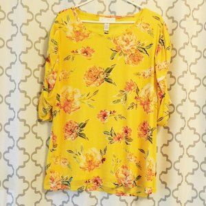 So It Is - Yellow Floral Ruched Short Sleeves Top - 2X (NWT)